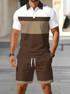Digital Print Polo Shirt and Shorts Set, Summer Casual Fashion Streetwear, Two-Piece, Short Sleeve, Knee-Length, All Seasons
