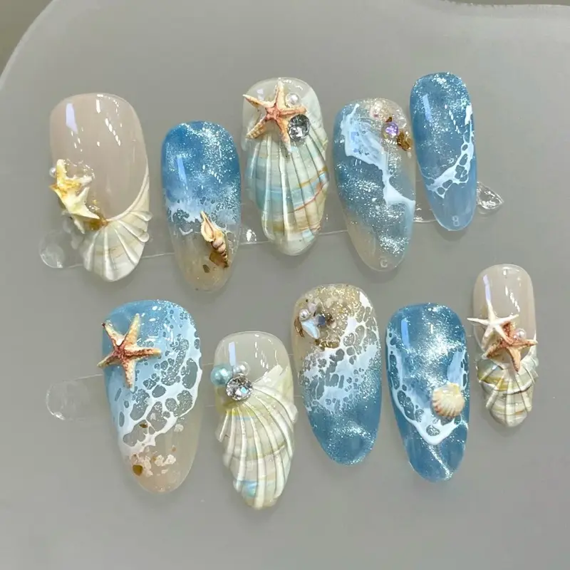 30Pcs Premium Press On Nail Sets - Baddie Viral Summer Main Character Energy, Beach-Style, Hand-Painted, 3D Rhinestone, Wave Star Seashell, Reusable False Nails for Seaside Vacation, Daily Glam