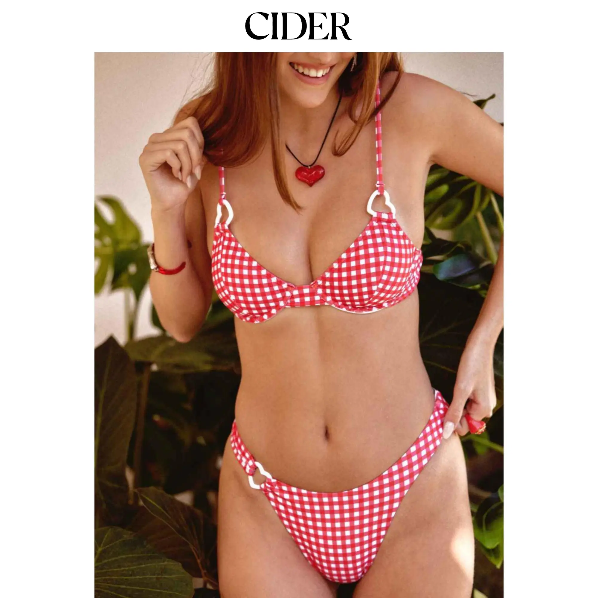 Cider Heart Ring Linked Check Underwire Bikini Set