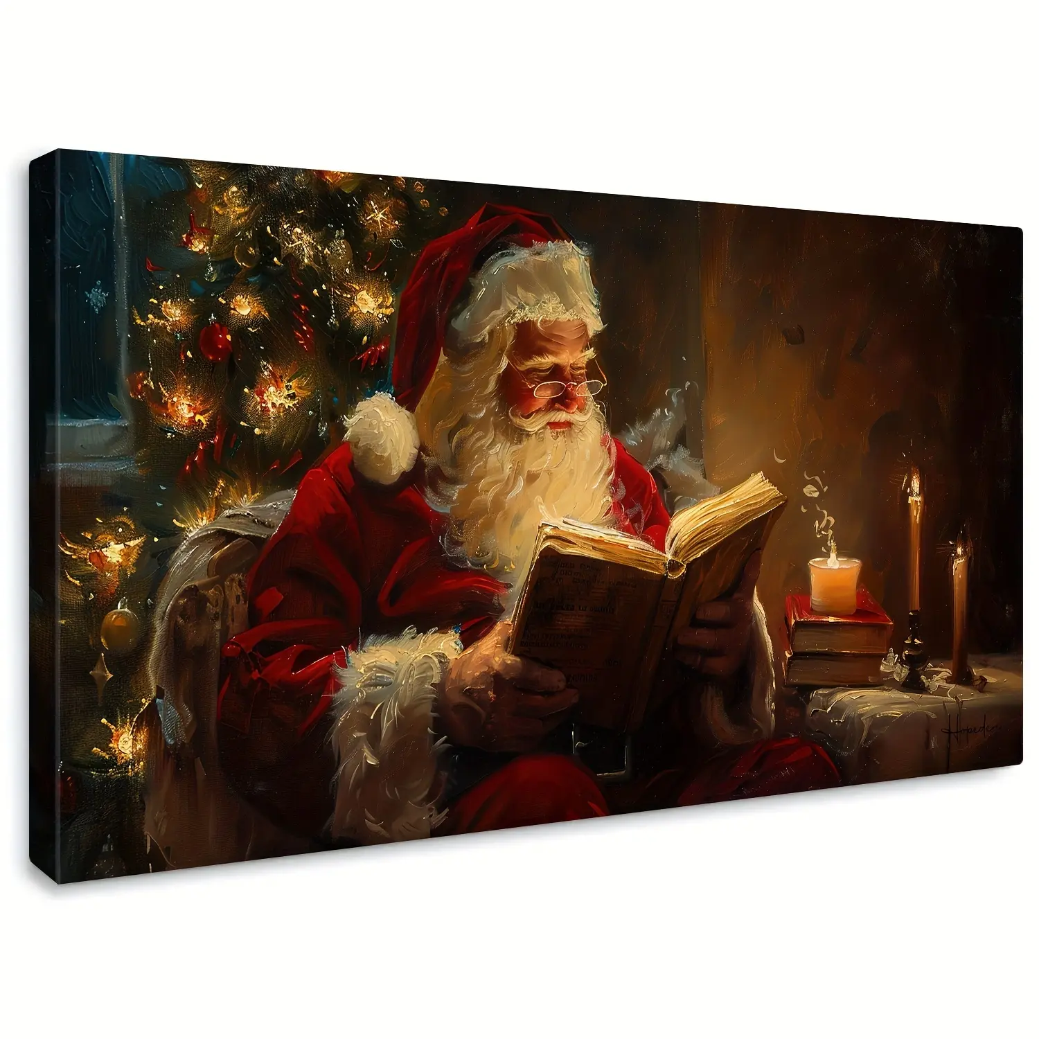1pc Retro Santa Claus Canvas Mural Classic Christmas Decoration Santa Claus Reading Under Candles, Painting, Printing Christmas Wall Decoration Living Room Office Frame And Preparation For Hanging