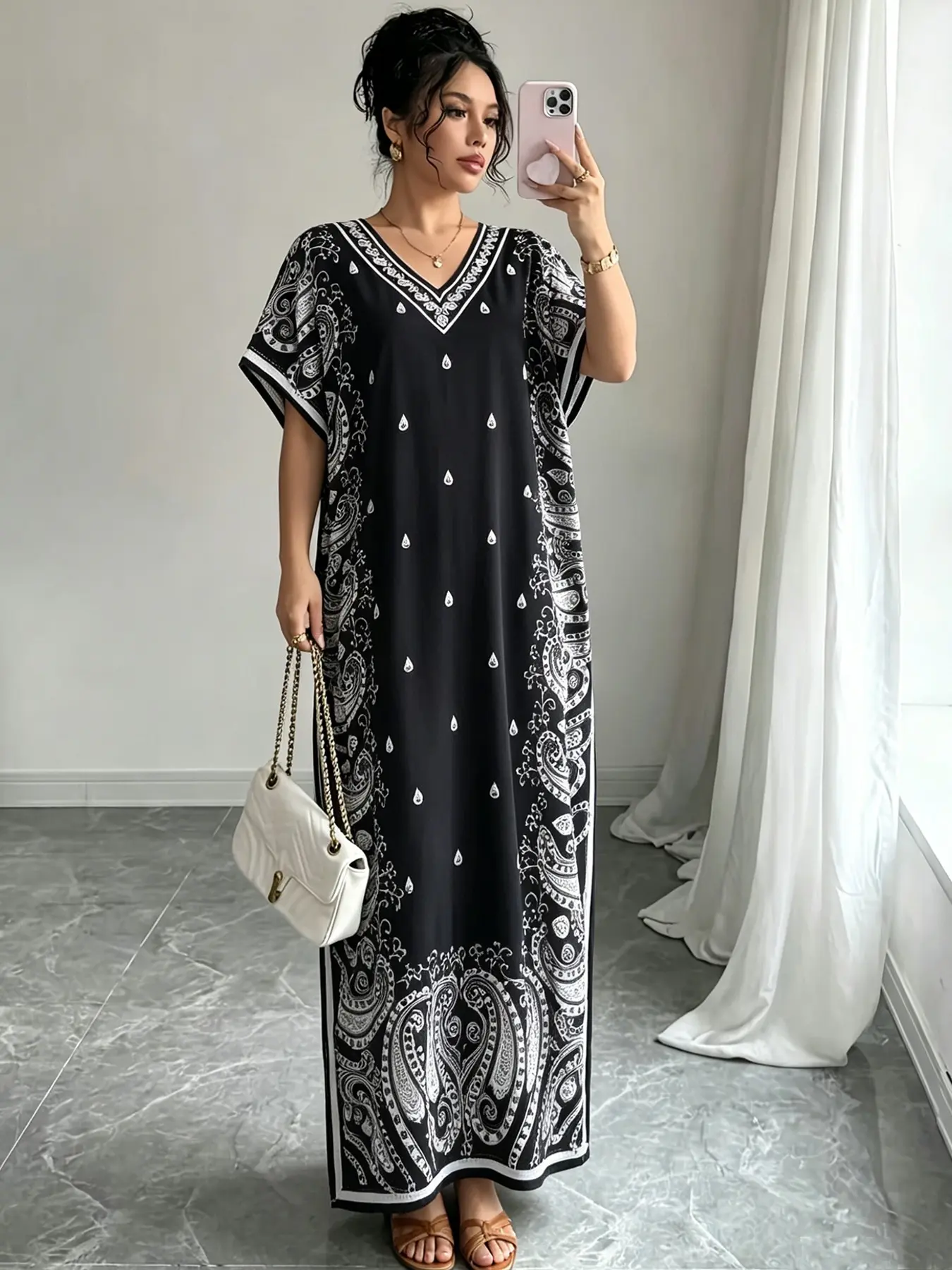Women's Casual Loose Chic Fashion Beach Vacation Robe Dress, Polyester and Elastic Fiber, Middle Eastern Style, Batwing Sleeve, V Neck, Split Design, Travel or Daily Wear