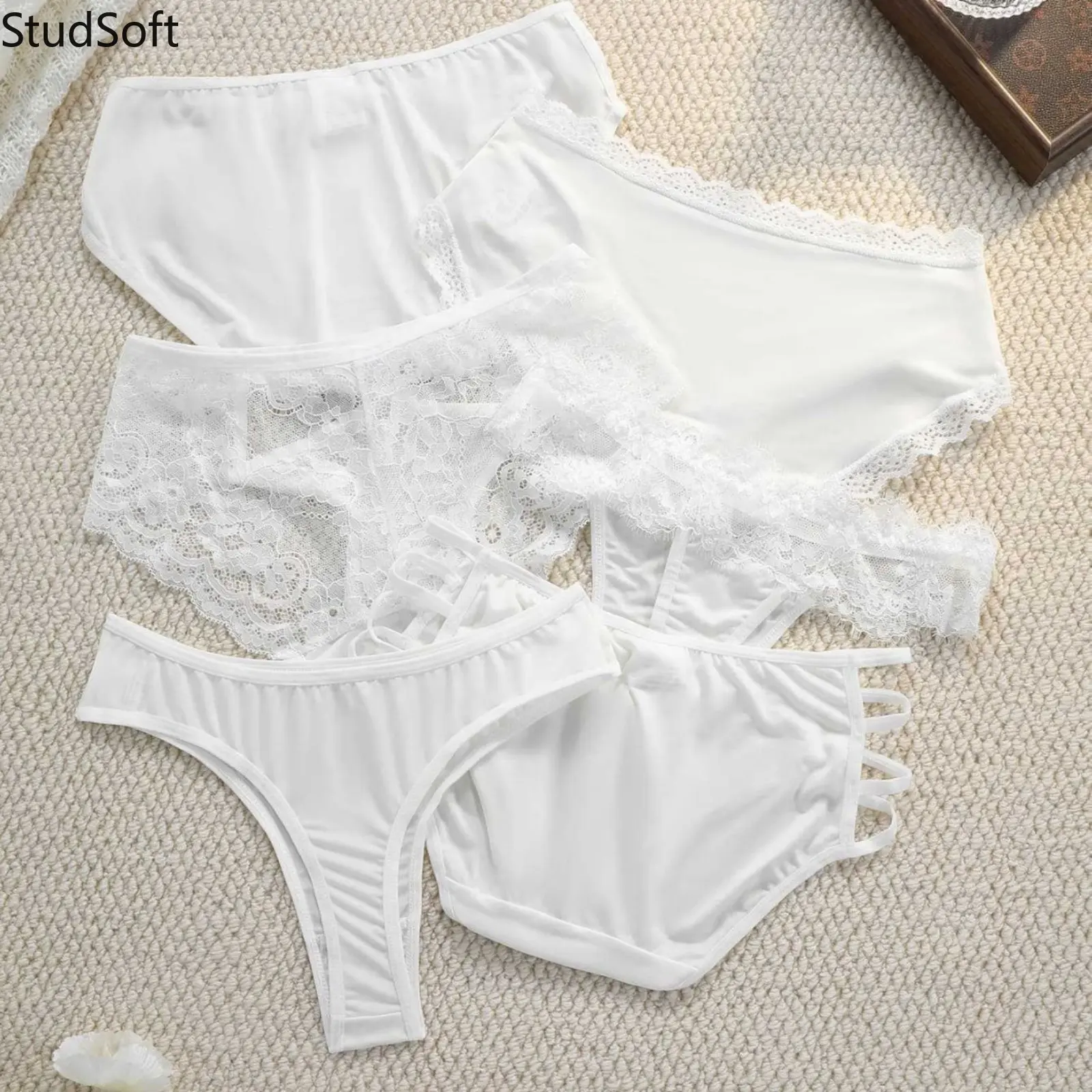Pure White Varied Styles Women's Briefs 6 Pack Floral Lace Scalloped Edge Breathable Intimates Collection, Lady, 6Pc, Short, Everyday Wear