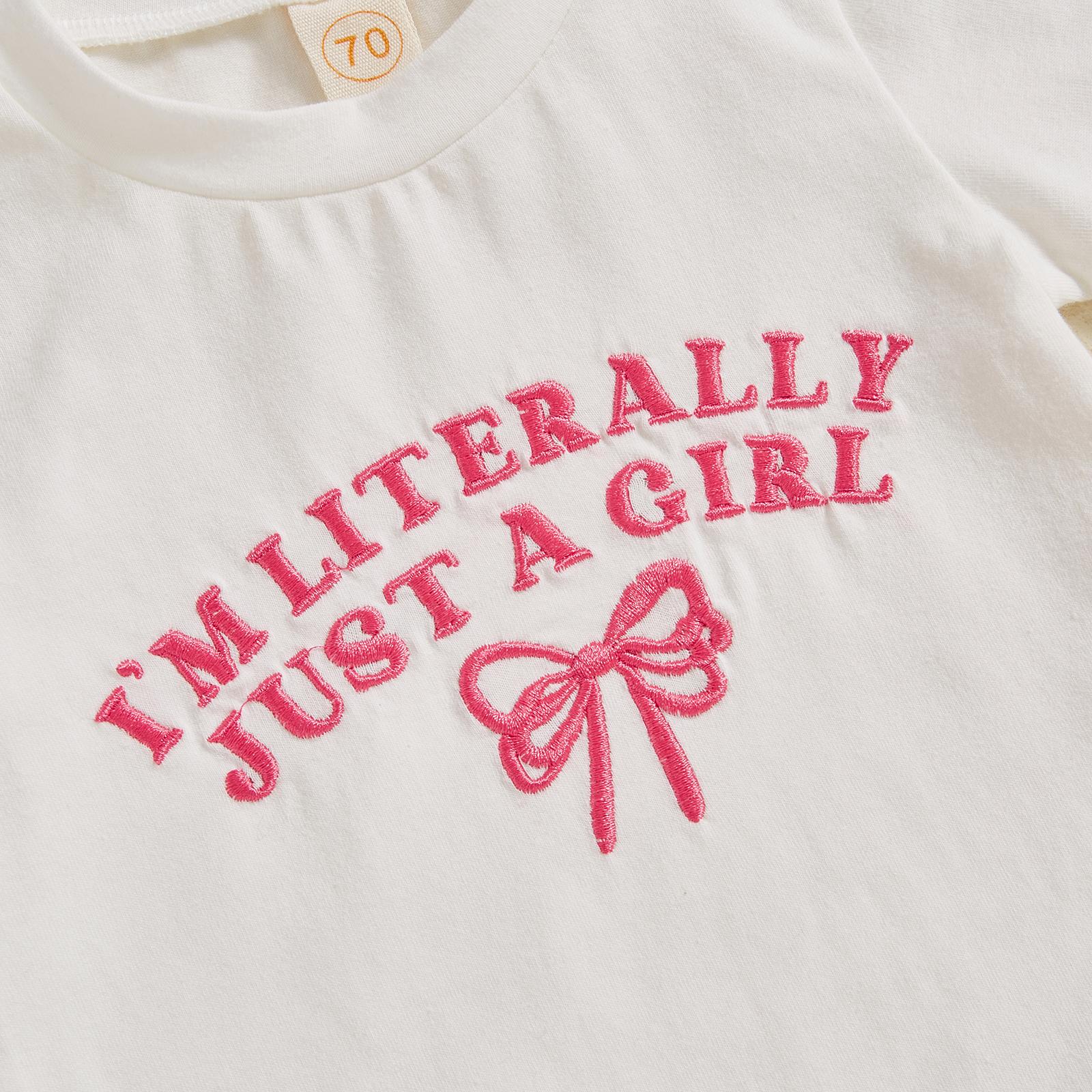 Toddler Baby Girls Clothes Short Sleeve I'm Literally Just A Girl Bow Embroidery T-Shirt Top Cute Summer Tee