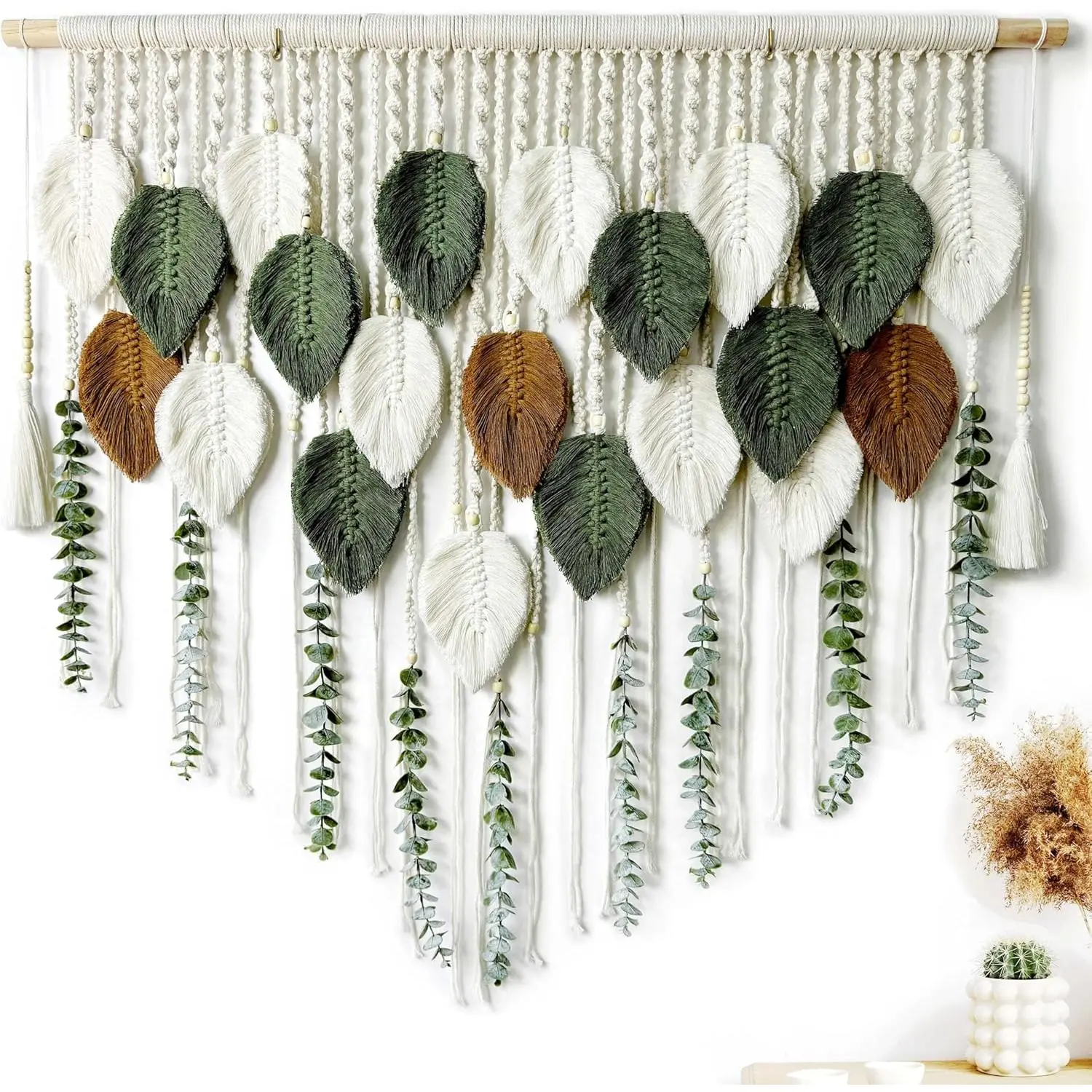 Large Macrame Wall Hanging, Boho Wall Decor, Fake Greenery Leaves Stems Wall Hanging, Boho Rustic Farmhouse Handmade Leaf Feather Wall Decor for Bedroom Living Room Apartment Wedding Party (Leaf)