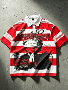 American Retro Striped Polo Short Sleeve, Trust God Prayer Child Print, Unisex Summer Breathable Sport Casual Top, Street Style