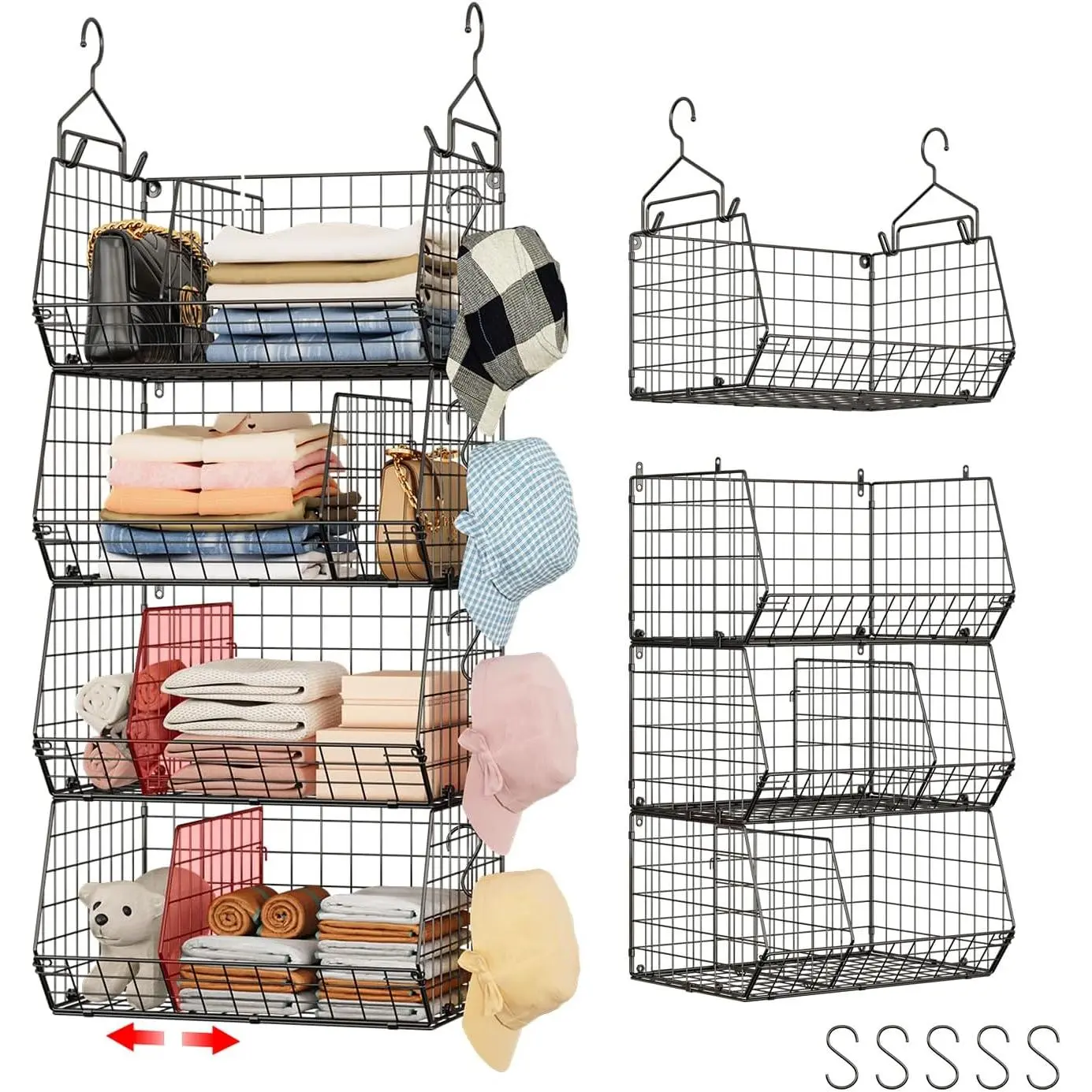 4 Tier Hanging Closet Organizer with Dividers,Extra Large Storage Hanging Shelf with 5 S Hooks 4 Dividers,Hang on Wire Closet Shelving Clothes Organizer-Black