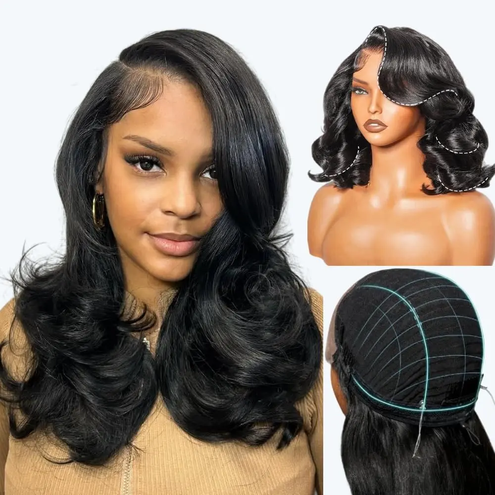 Pre-Styled Glueless 7x5  Wave Bob Closure Wigs Human Hair | Layered Cut -Framing Wig,720° Contour Structure Snug Fit Cap,Ultra-thin Invisible Lace,1-min Wear, Human Hair