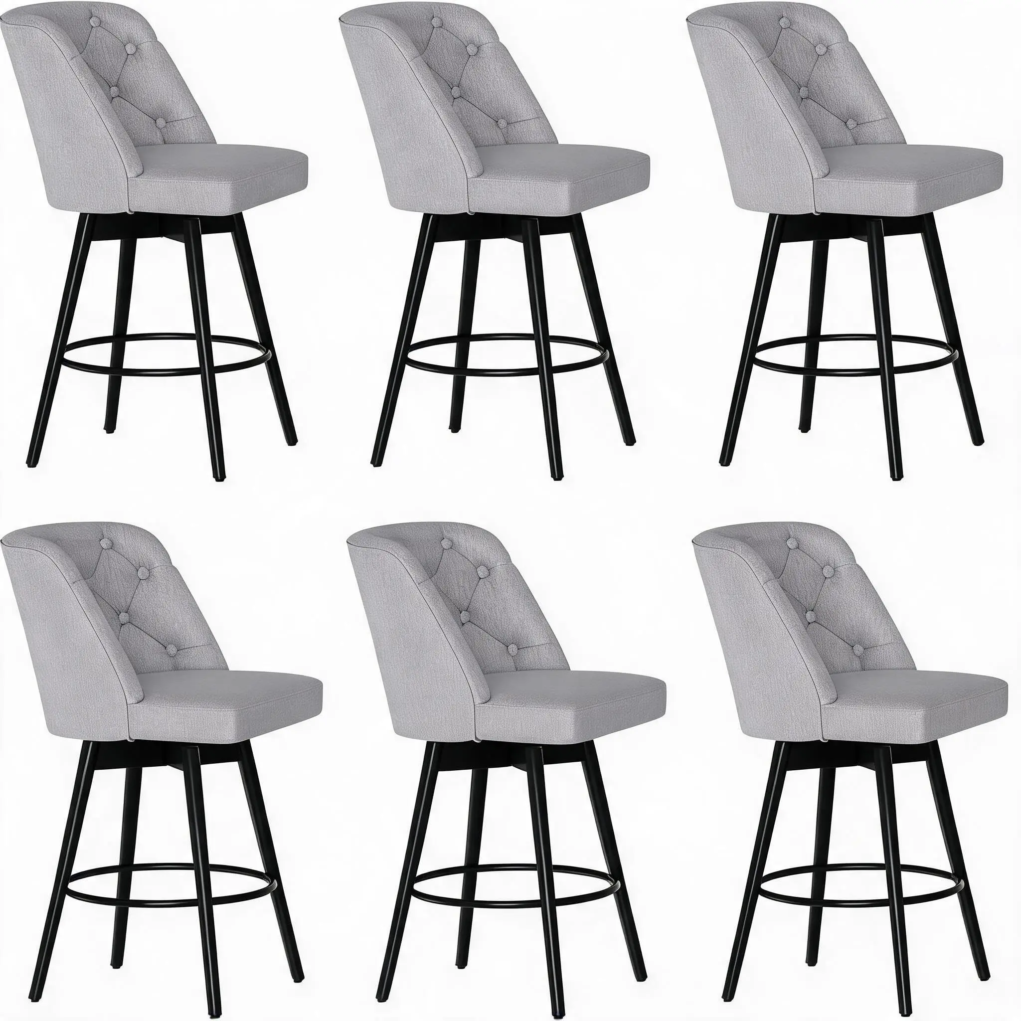 Modern Swivel Bar Stools Set of 4 with Backrest - Upholstered Durable Linen Performance Fabric - 360° Rotation - Sturdy Iron Footrest - Comfortable Counter Height Seating for Kitchen Island, Dining Room, Home Bar - Deep Gray