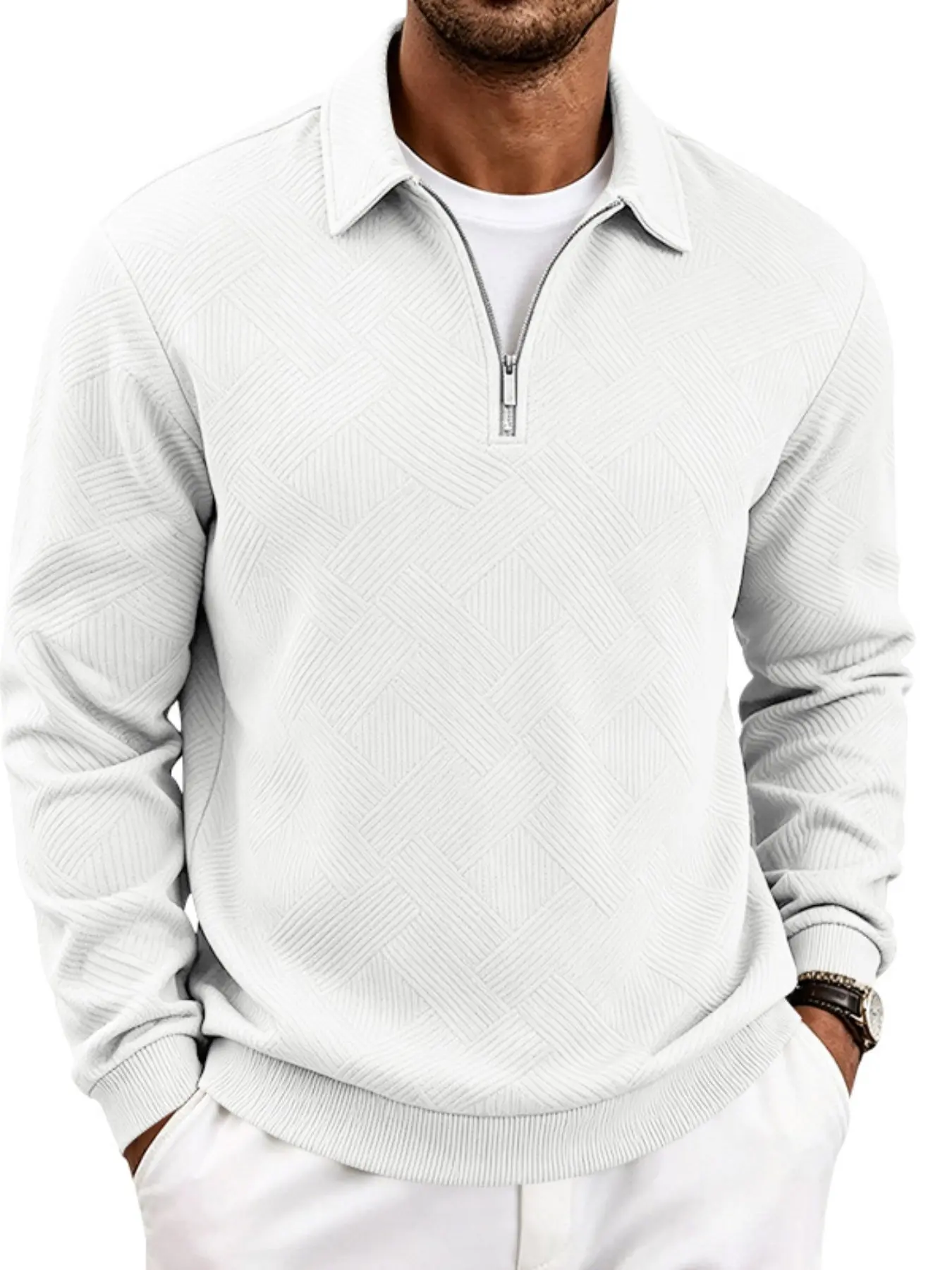 Men's Textured Quarter Zip Polo Sweatshirt, Lapel Collar Long Sleeve Pullover Top, Soft Knit Loose Fit Casual Business Fall Winter Daily Dressy Sweatshirt Multiple Colors