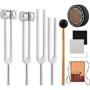 128Hz, 136.1Hz, 256Hz, 384Hz Tuning Fork Set with Reflective Hammer, Weighted and Unweighted Aluminum Forks, Meditation Storage Bag, Modern Home