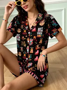 Trendy Cartoon Print Pajama Set, Soft Breathable Short Sleeve Shorts Two-Piece Sleepwear, Fun Character Pajamas for Friends and Home Games