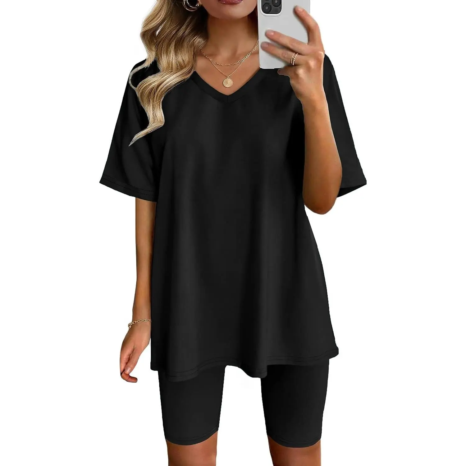 Two Piece Outfits For Women Summer V Neck T-Shirt Tops Biker Shorts Workout Sports Tracksuit