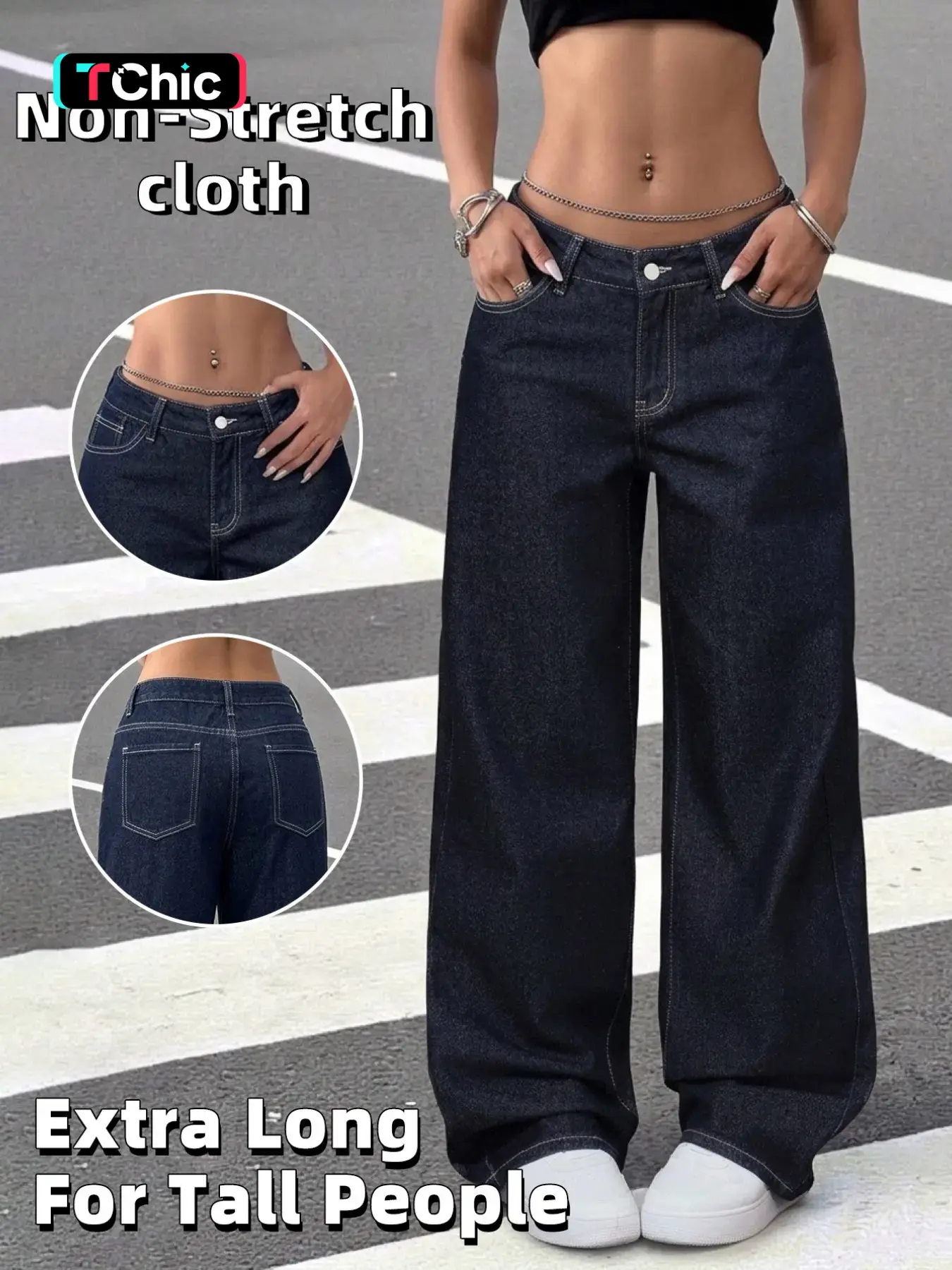 Women Low Rise Dark Raw Indigo Wide Leg Jeans, Extra Long Baggy Skater Denim Jeans, 90s Vintage Y2K Streetwear Trousers for Tall Girls, Low Waist