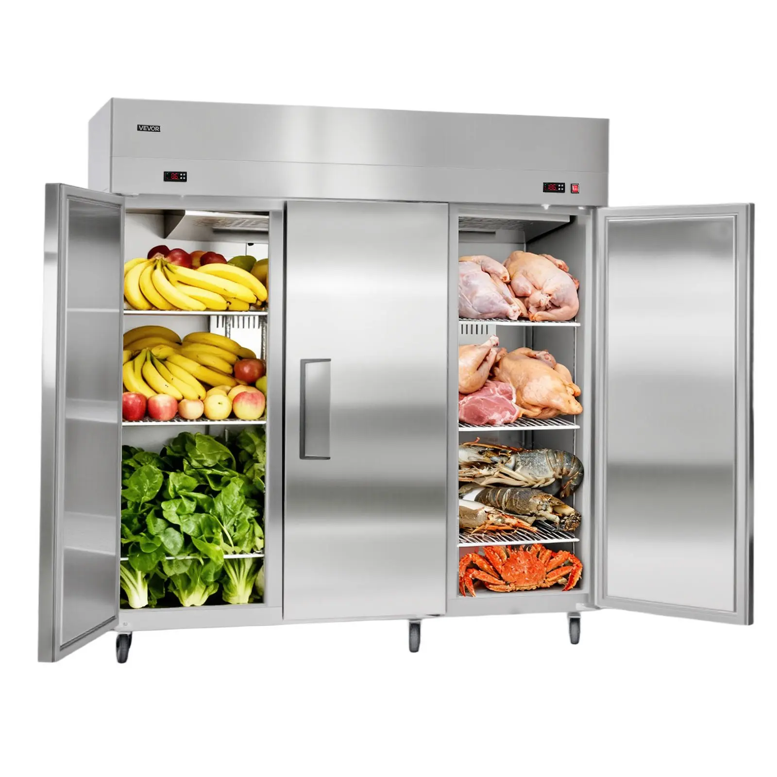 【DealsForYouDays】VEVOR Commercial Refrigerator and Freezer Combo 72"W, 51 Cu. Ft Stainless Steel Upright Freezer/Refrigerator with Three Doors, Auto-Defrost, 9 Adjustable Shelves, UL Certified