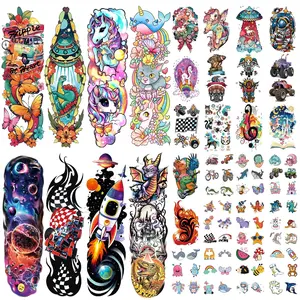 52 PCS Kids Full Arm Temporary Tattoo Stickers with Rocket Car Dinosaur Planet Astronaut Dolphin Castle Cat Patterns, Suitable for Boys Girls Party Supplies Gifts