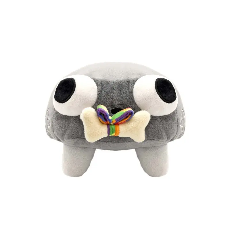 Grey Big Eye Monster Plush Doll, Rainbow Bone Bow Stuffed Toy, Exclusive Mini Gangle Merch for Video Games Fans, Birthday Gift, Gaming Shelf Decor, Game Fan
