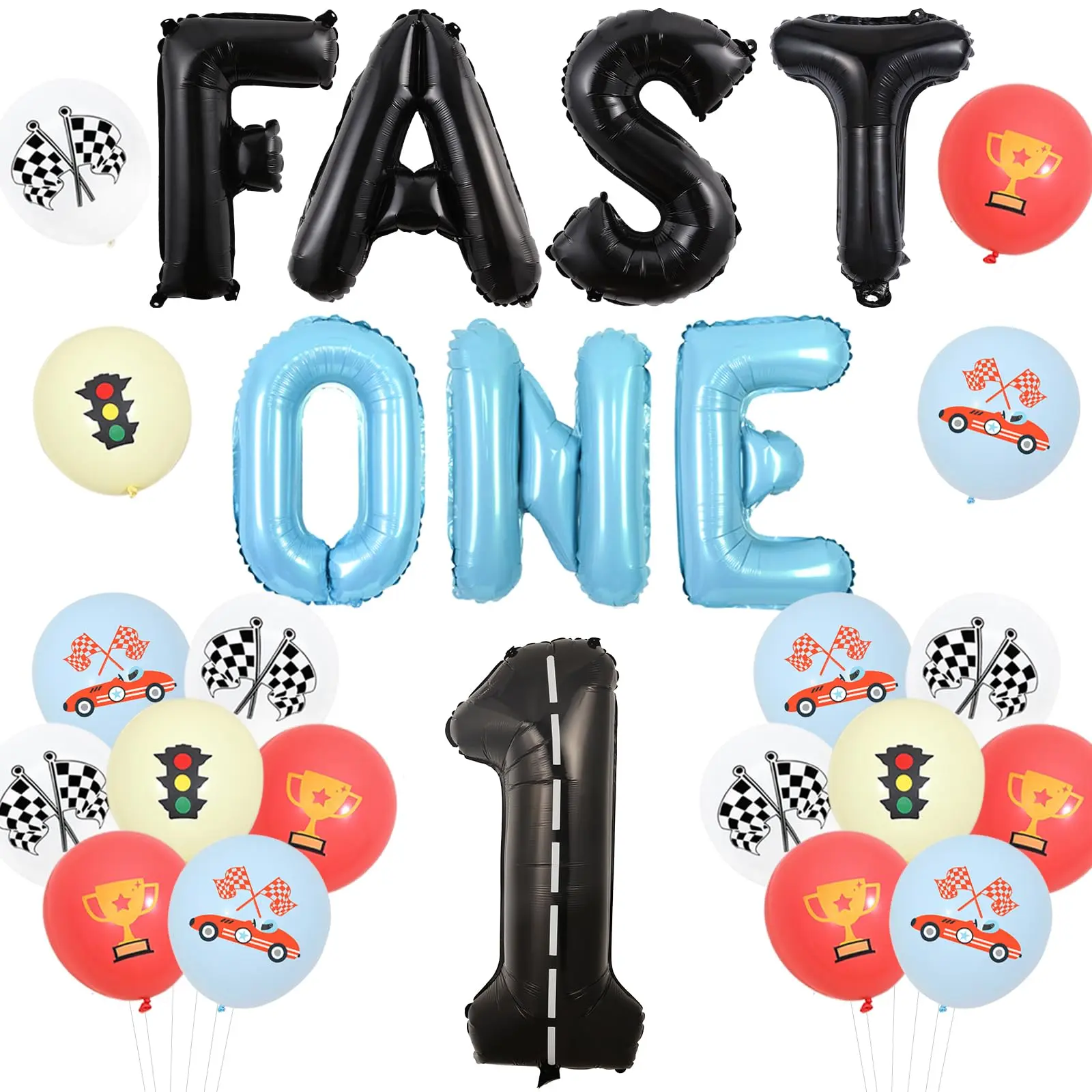 1Set Fast One Birthday Decorations Vintage Race Car Birthday Decorations with Fast One and Number 1 Foil Balloon Race Car Theme Balloons for 1anniversary Birthday Party Supplies Boys Girls