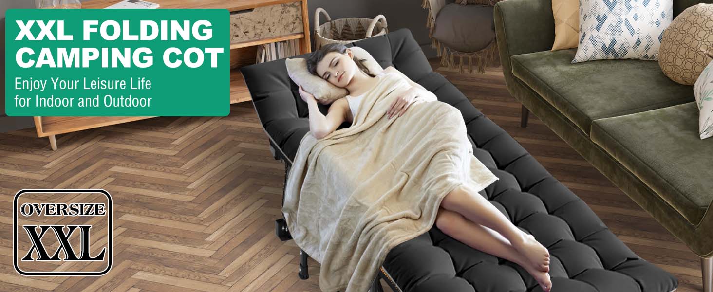 AGS LILYPELLE Folding Camping Cot, Extra Wide Heavy Duty Sleeping Cots with Carry Bag, Double Layer Oxford Portable Travel Camp Cots for Home, Office Nap and Outdoor Beach