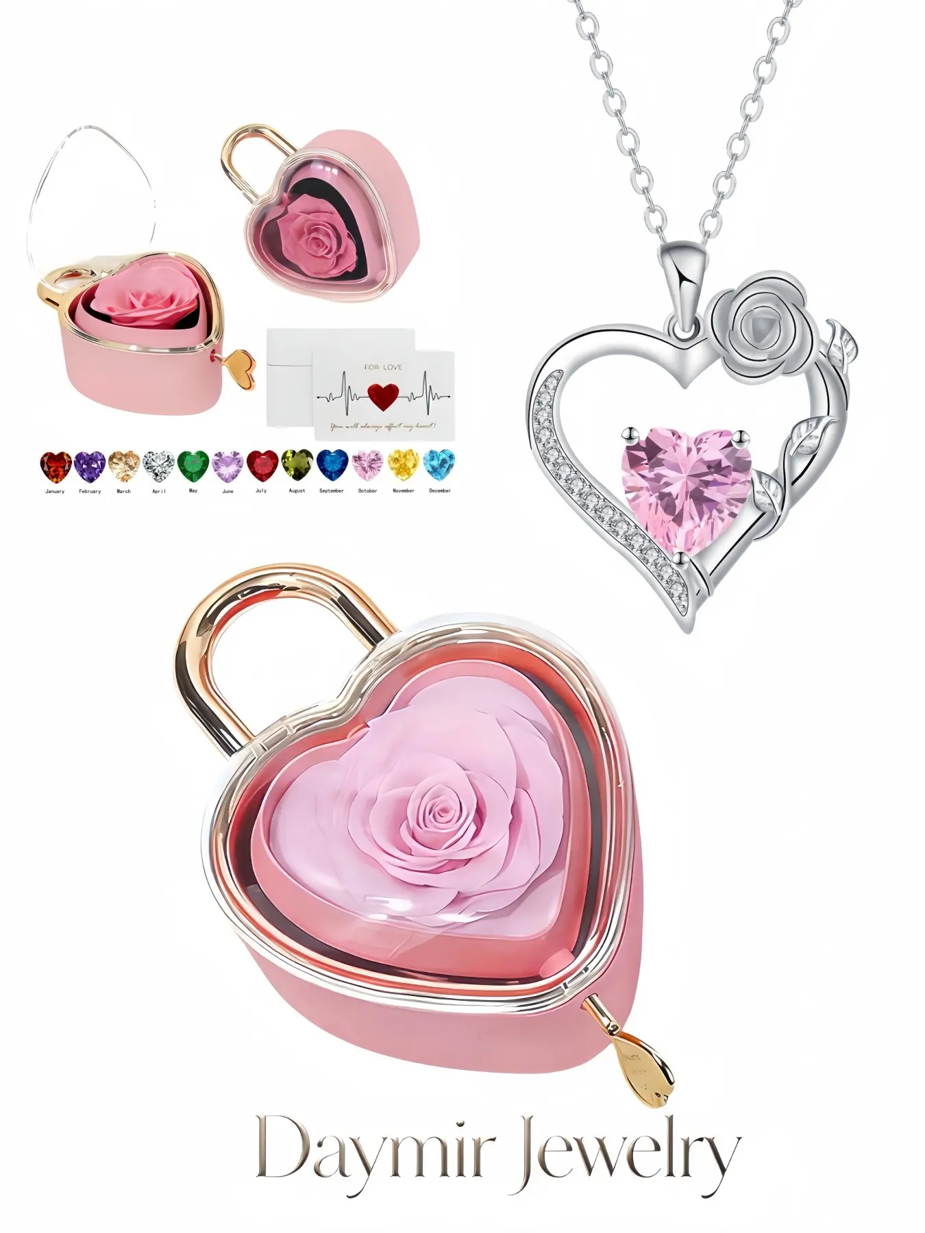 Diamond Heart Rose Promise Necklace, stylish luxury heart rose gem pendant for women. Comes with heart-shaped preserved rose jewelry box, perfect holiday gifts for birthdays, Mother’s Day, Valentine’s Day, Christmas and anniversaries.