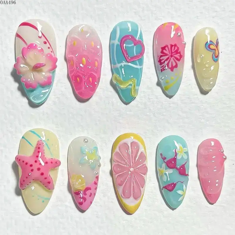 Summer Press On Nails, 30-Piece Floral Butterfly False Nail Set With Seashell Inspired Design and Glossy Finish, Reusable Full Cover Nails for Vacation, Daily Wear and Nail Art
