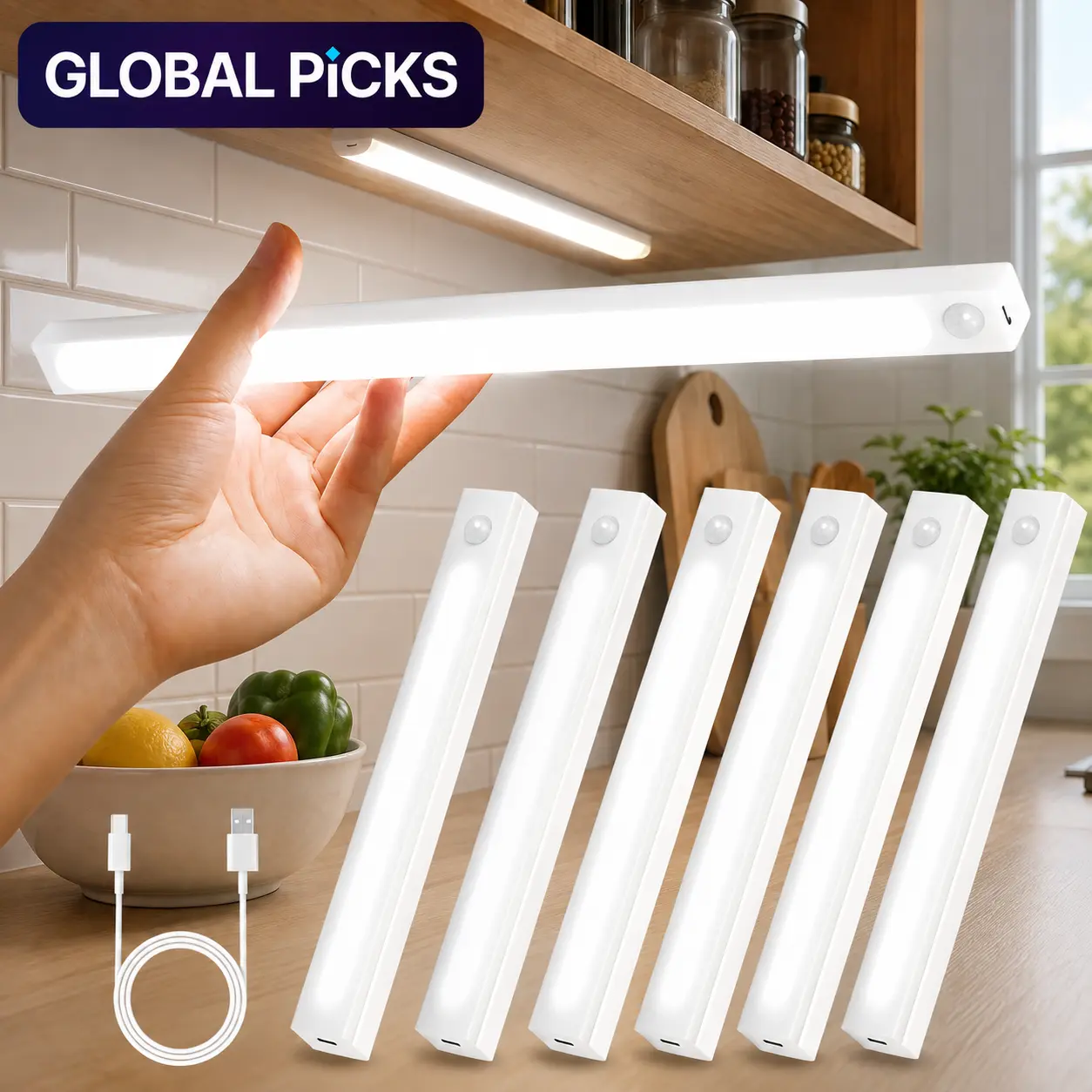 6-Piece Magnetic  Motion Sensor Strip Set - USB Rechargeable, Adjustable Energy-Saving Device, Auto On/Off Indoor Use for Kitchen, Closet - Ideal Mother's Day Gift, Apartment Supplies,  Light Strips