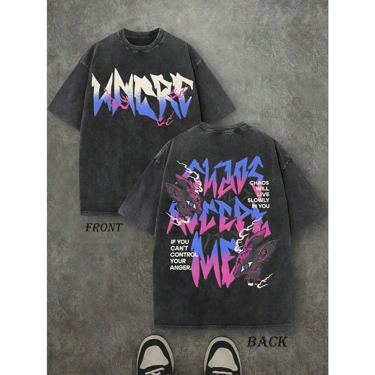 Mens Womens Unisex Washed Crew Neck T Shirt Chaos Accept Me Demon Wolf Smoke Slogan Back Graphic Soft Comfort Daily Skate Urban Short Sleeve Tee