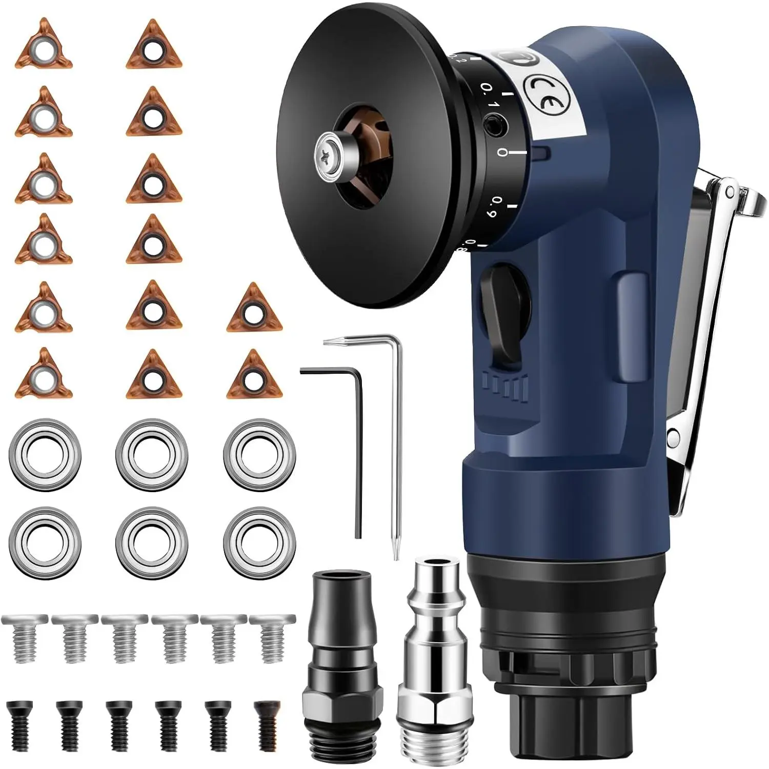 Pneumatic Chamfering Tool, 30000 RPM Air Chamfer Tool with 6 Bearings & Complete Screw Kit for Deburring & Beveling, Includes 8 C & 6 R , 45°, 1/4" Air Inlet for Metal, , PVC,