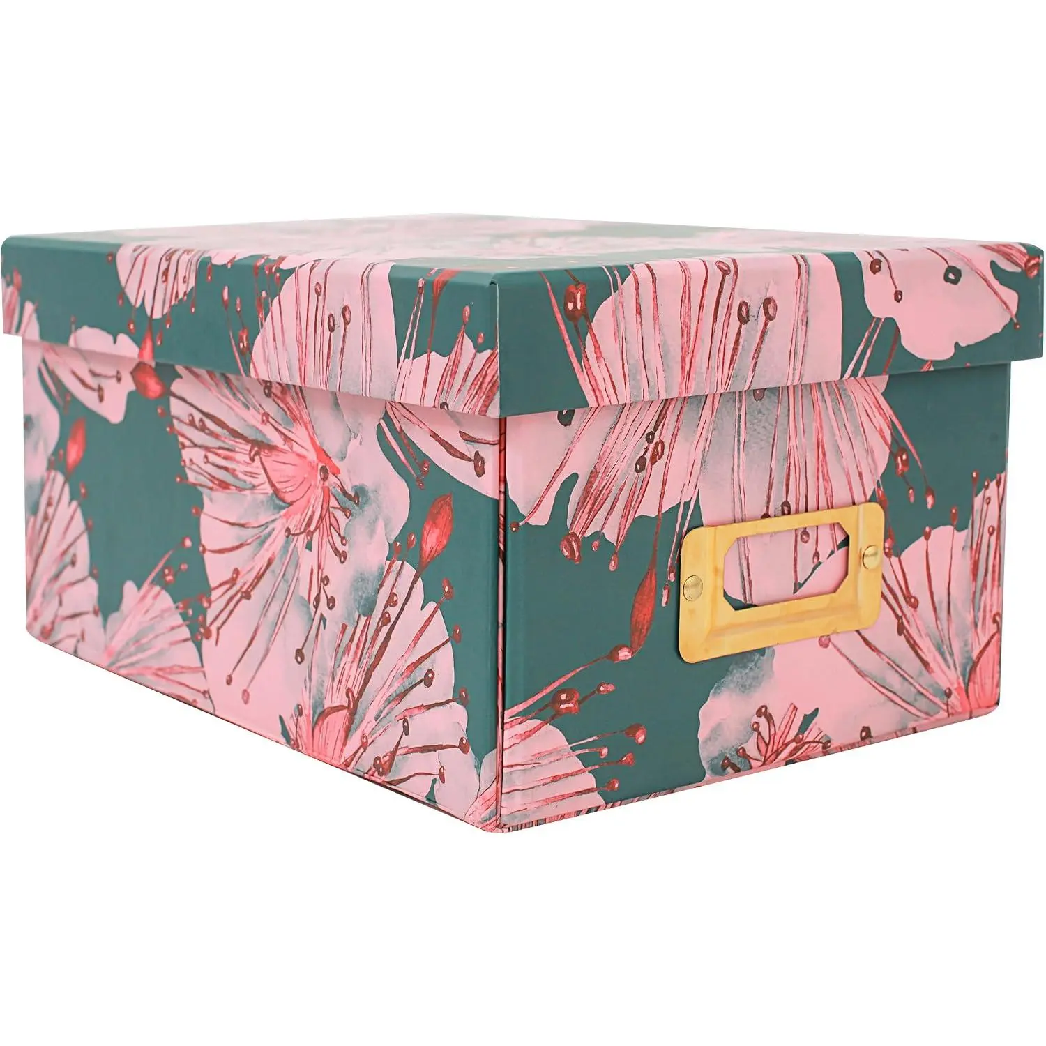 Decorative Storage Box with Lid, Foldable,  Green Floral, Metal Label Frame, , Cardboard Paperboard  box, Photo Storage for Memory,  Decor, knick-knacks Organizer