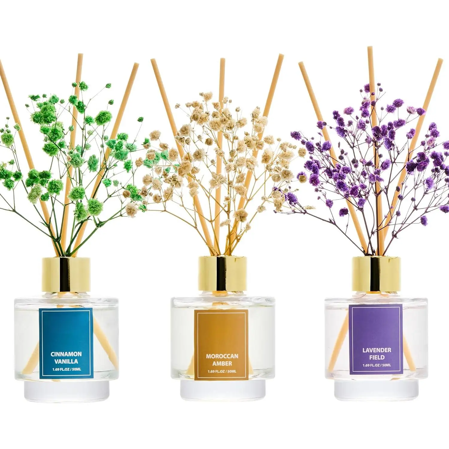 Reed Diffuser Set of 3, Cinnamon Vanilla Lavender Field Moroccan Amber Oil Reed Diffusers for Bedroom Living Room Office Aromatherapy Oil Reed Diffuser for Gift 50ml x 3