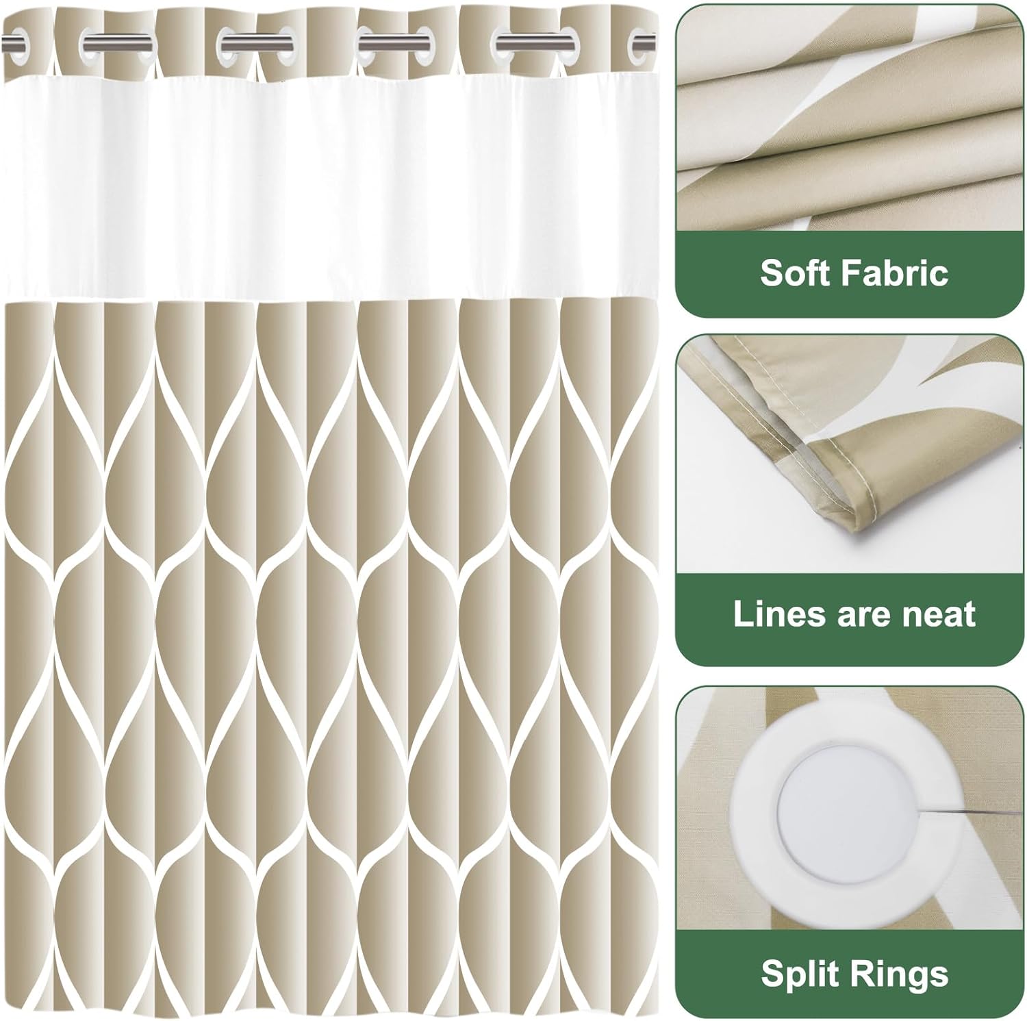 Geometric corrugated no hook shower curtain, double-layer shower curtain with inner lining, soft polyester fabric, fashionable and simple style home decoration, bathroom accessory, 72x75in