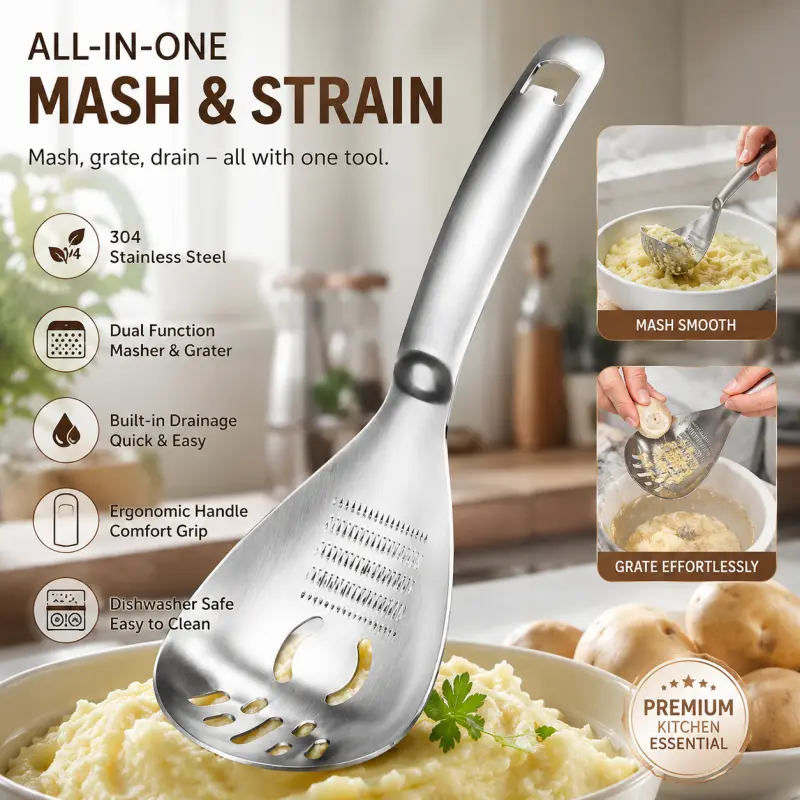 Heavy Duty Food Grade Stainless Steel: Multifunctional Potato Masher with Slotted Spoon & Raw Egg Separator, Durable Kitchen Gadget for Mashing Potatoes, Avocados, Vegetables & Beans, Easy Clean & Dishwasher Safe.Veloura