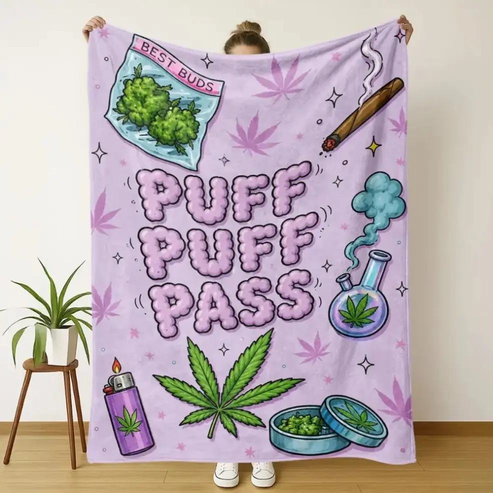 Puff Puff Pass Leaf Print Throw Blanket, Leaf Pattern Soft Flannel Plush Blanket for Infant Baby & Adult, Cozy Stoner Style Home Decor Throw, Warm Blanket for Sofa Couch Bed Camping Travel, Unique Holiday Birthday Gift for Stoner Lovers birthday gift