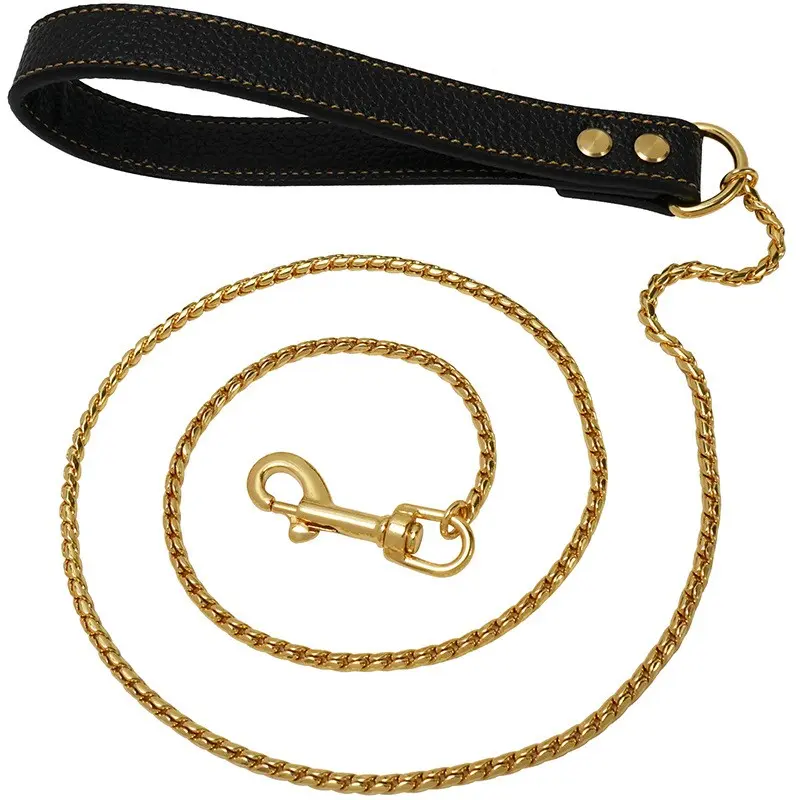 47-Inch Metal Chain Pet Leash, 4mm Thick, 316L Stainless Steel, Leather Handle, Collar Compatible, Multiple Colors Available