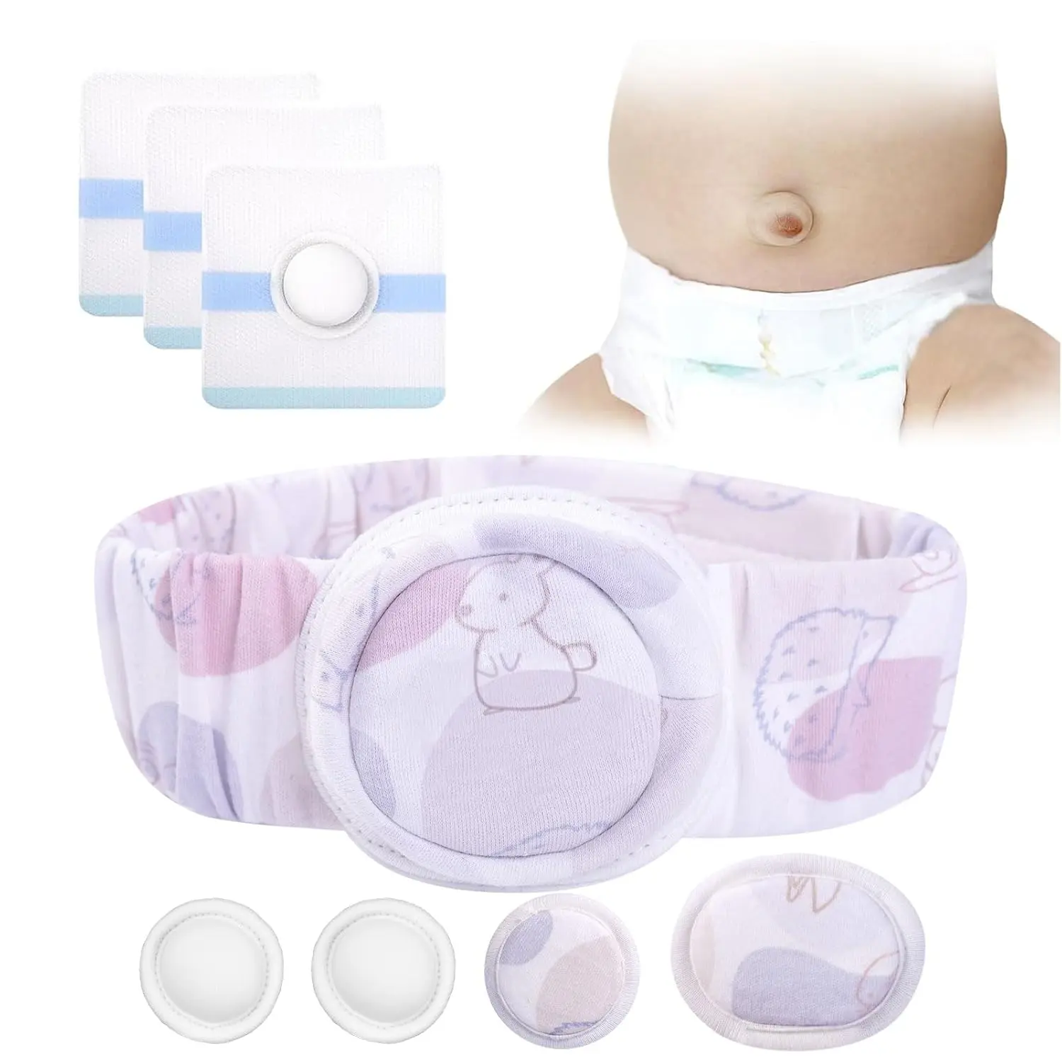 Umbilical Hernia Belt Kit for Baby, Baby Belly Button Band, Hernia Belt with 4 Compression Pads and 3 Navel Patches, Infant Abdominal Binder Set, Umbilical Cord Cover for Newborn(S Pattern Purple)