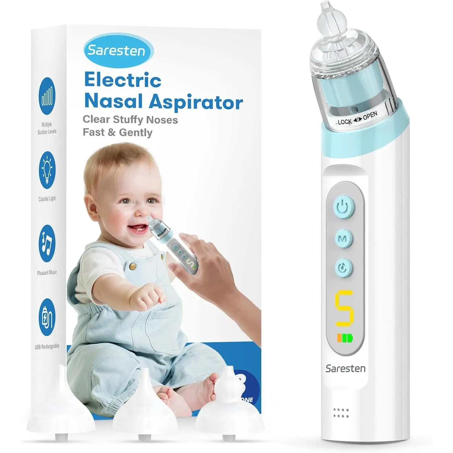 Rechargeable Baby Nasal Aspirator Waterproof Booger Nose Sucker with 3 Silicone Tips Adjustable Suction Music and Light Function Blue