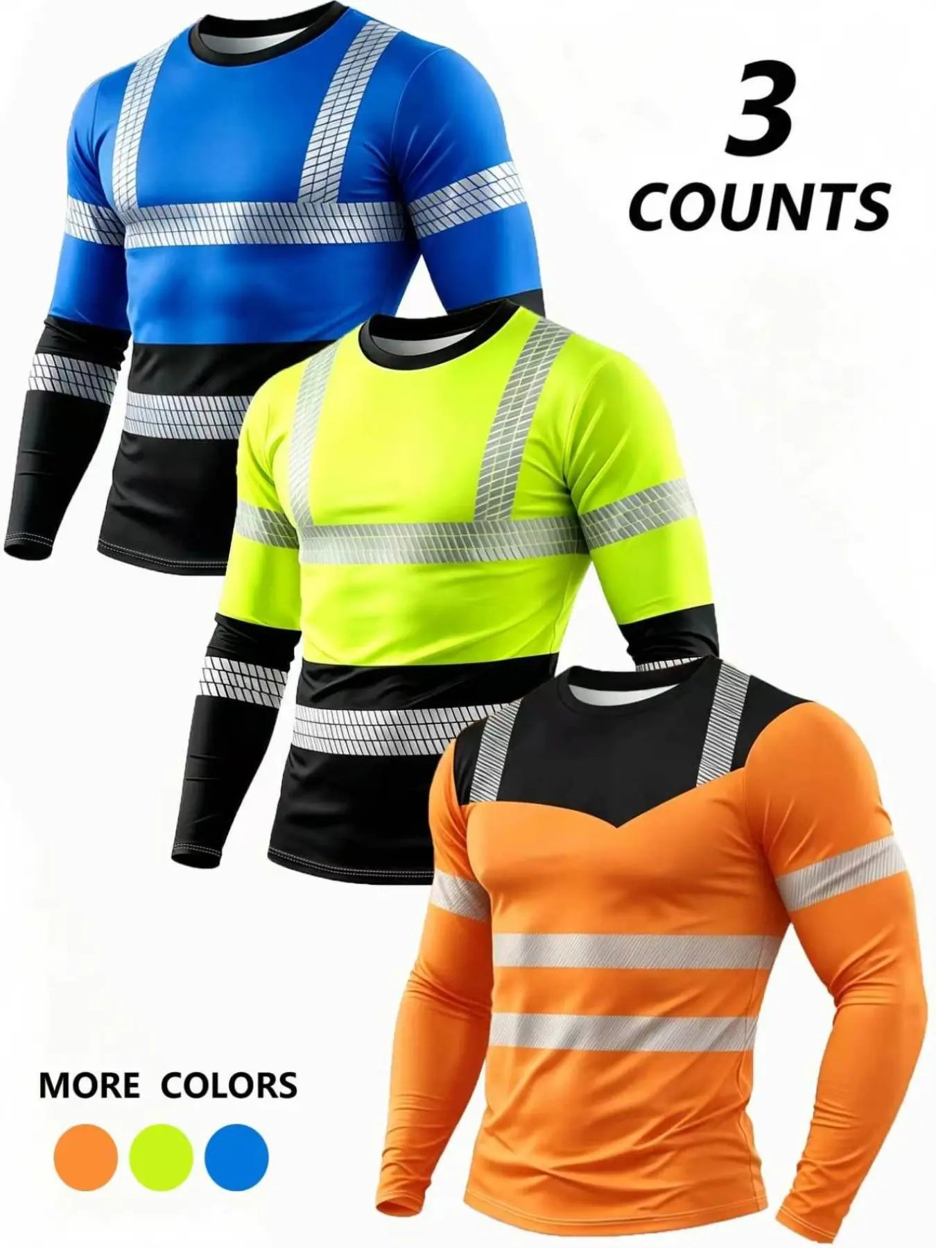 Three-Piece Men's Striped Print Long Sleeve Work Shirt, Colorblock Patchwork Style Round Neck Casual Top, Comfortable and Stylish