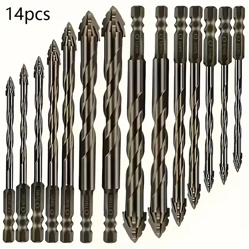 14-Piece Carbide Drill Bit Set, Four-Blade Sawtooth Offset Design, Straight Flute, Heavy Duty, Suitable for Dry Drilling Ceramics, Glass, Marble, Concrete, Stone