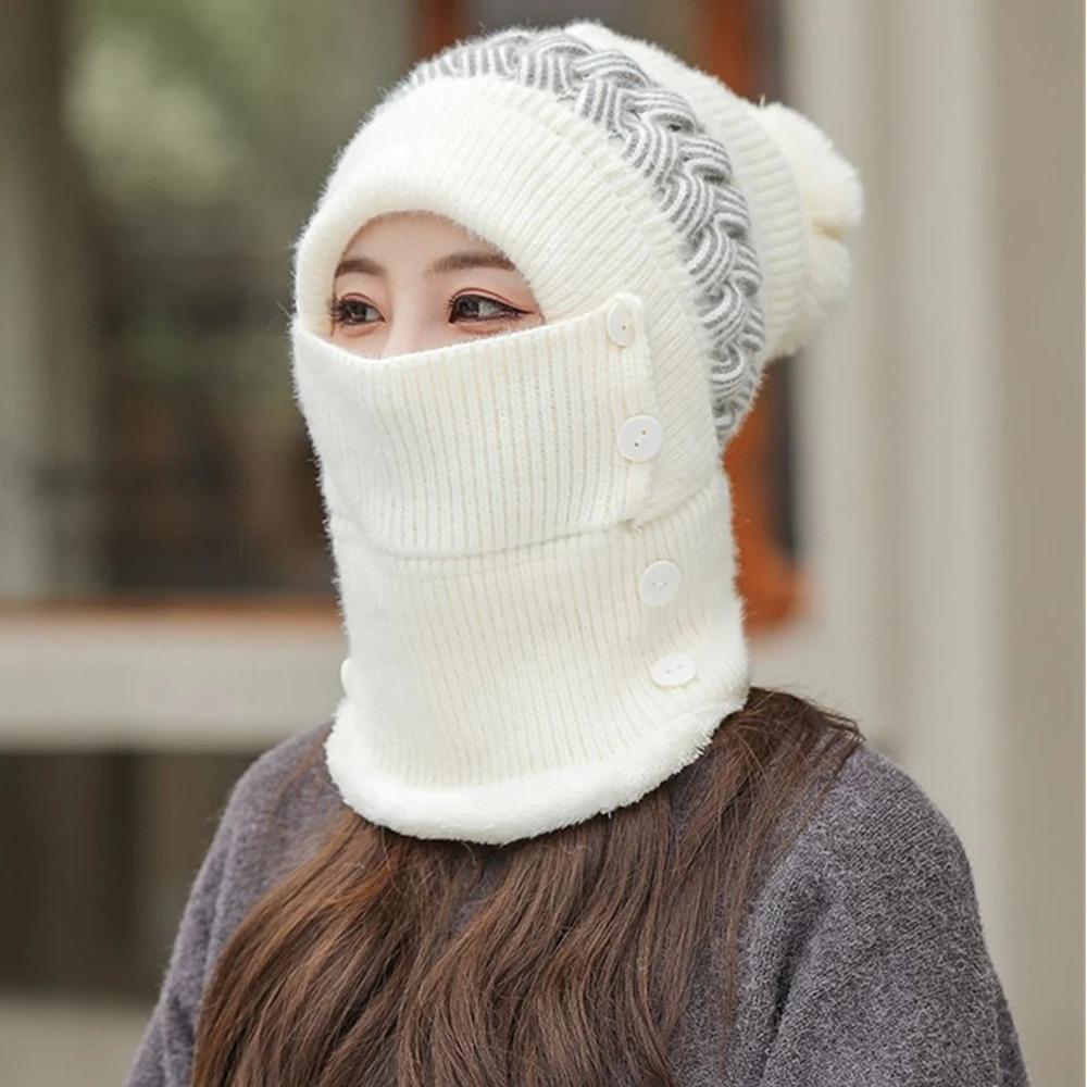 New Style Female Pompoms Winter Hats Plush Fur Lined Keep Warm Winter Hat Women Windproof Coldproof Thicken Balaclava Cap