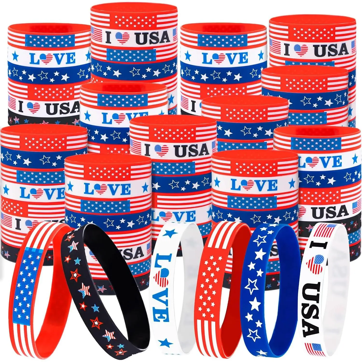 144 count 4th/Fourth of July Accessories Party Favors: Patriotic  Rubber Bracelets Bulk  Flag Wristbands  Memorial Day Decorations Gifts Supplies
