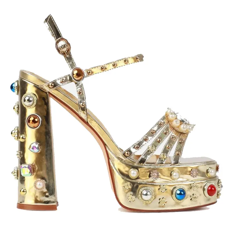 Women's Elegant Platform Pumps, Slip-On Gladiator Style Heels in Black Leather with Rhinestone Rivets and a Thick Flexible Gold ABS Block Heel