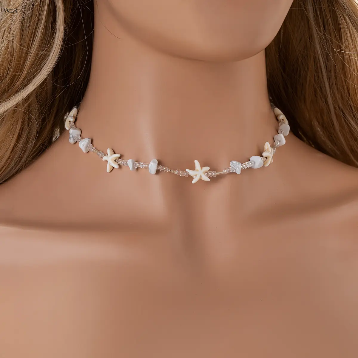 Summer Beach Starfish Beaded Choker Necklace for Women, Dainty White Seed Bead Irregular Stone Shell Starfish Neck Chain with Extension Chain, Boho Ocean Themed Collar Jewelry for Vacation Bikini Daily Casual Outfit