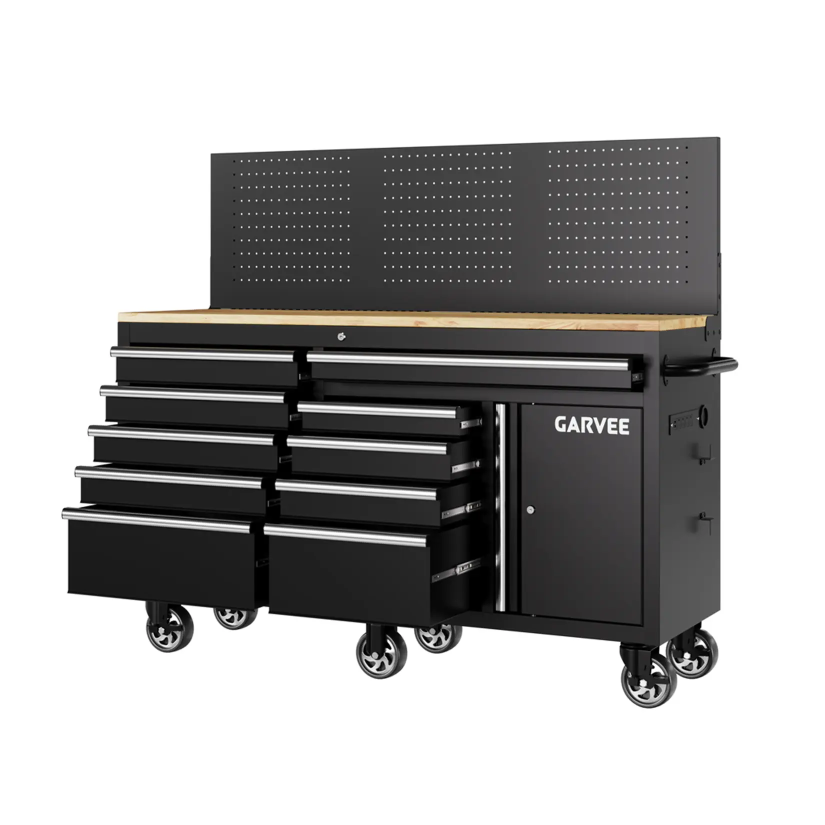 Heavy Duty 60-Inch Rolling Tool Chest Cabinet – 10 Drawers, Pegboard, Lock & Charging Station – Mobile Garage Storage Workbench on Wheels – Black – Ideal for Workshop Organization