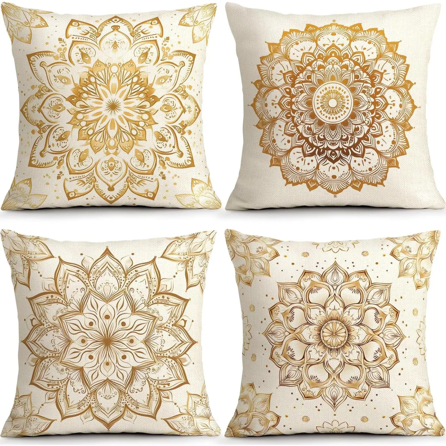 Bohemian Mandala Pillow Covers Set of 4, 18x18 Luxury Decor |  Faux Linen  Mandala Pillow Covers Add Elegant Bohemian Style to Sofa Bedroom Living Room Porch