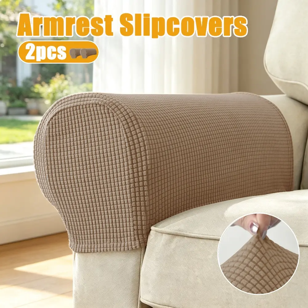 2pcs Waffle Jacquard Sofa Armrest Covers Solid Color Polar Fleece Style with Full Elasticity Suitable for Modern Home Decoration of Single Double Three-person and Modular Sofas