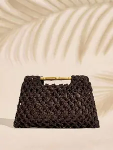Simple retro style elegant texture woven handbag, bamboo handle design, casual and versatile large capacity fashionable personalized handbag, can accommodate mobile phones, tissues, headphones, personal items