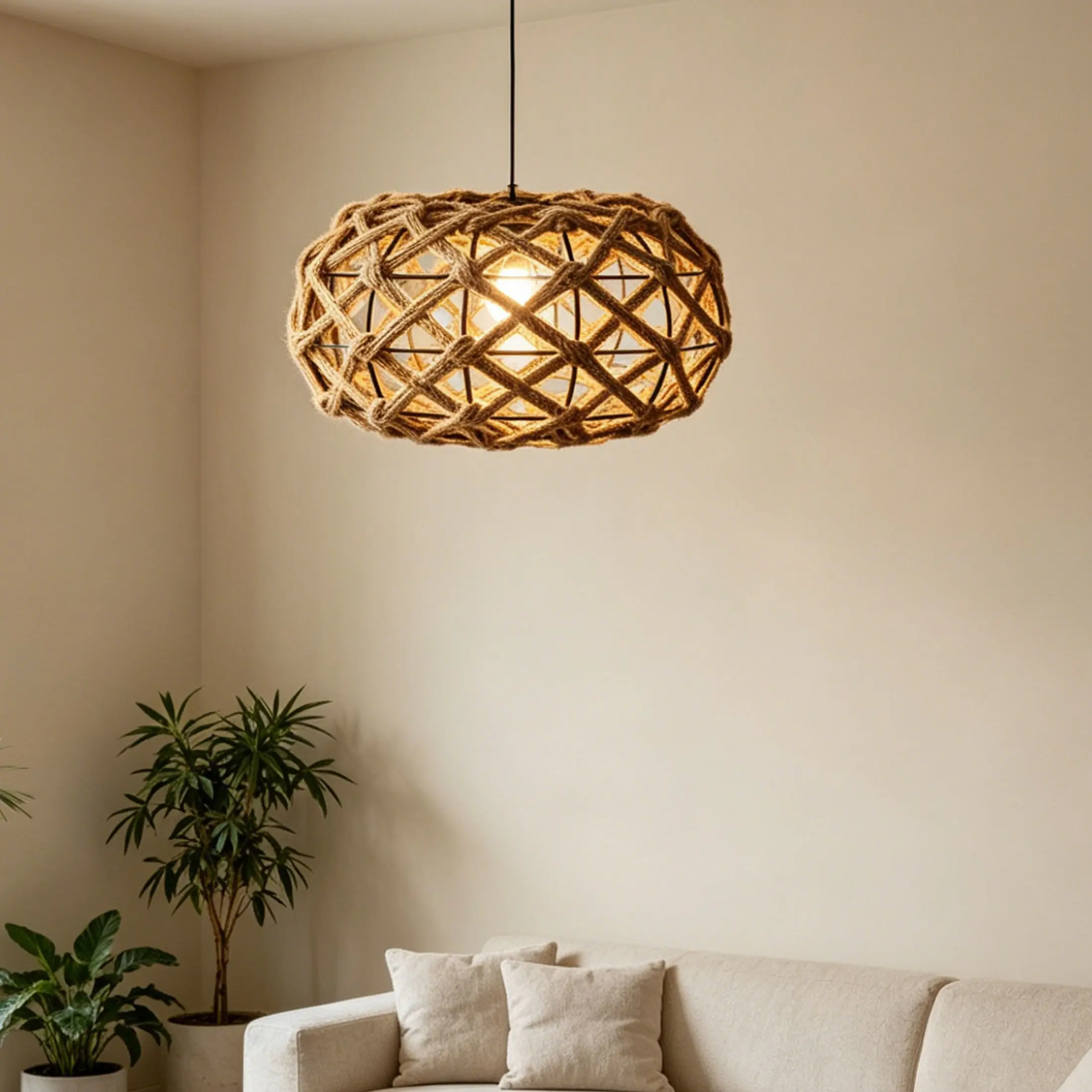 Bohemian Vintage Natural Hemp Rope Handmade Lamp Shade, Round Hollow Iron Pendant Light Cover, Home Decor for Dining Room Kitchen Bar