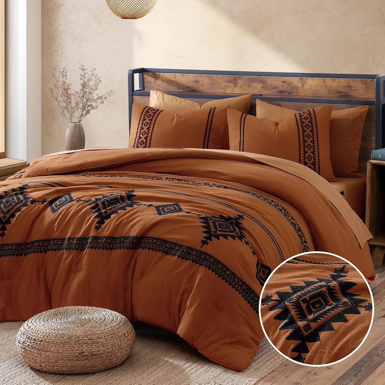 Embroidery Comforter Set, Boho Farmhouse Bedding Set, All Season Bed in A Bag Comforter Set with Sheets, Pillowcases & Shams, Burnt Orange King 7 Pieces