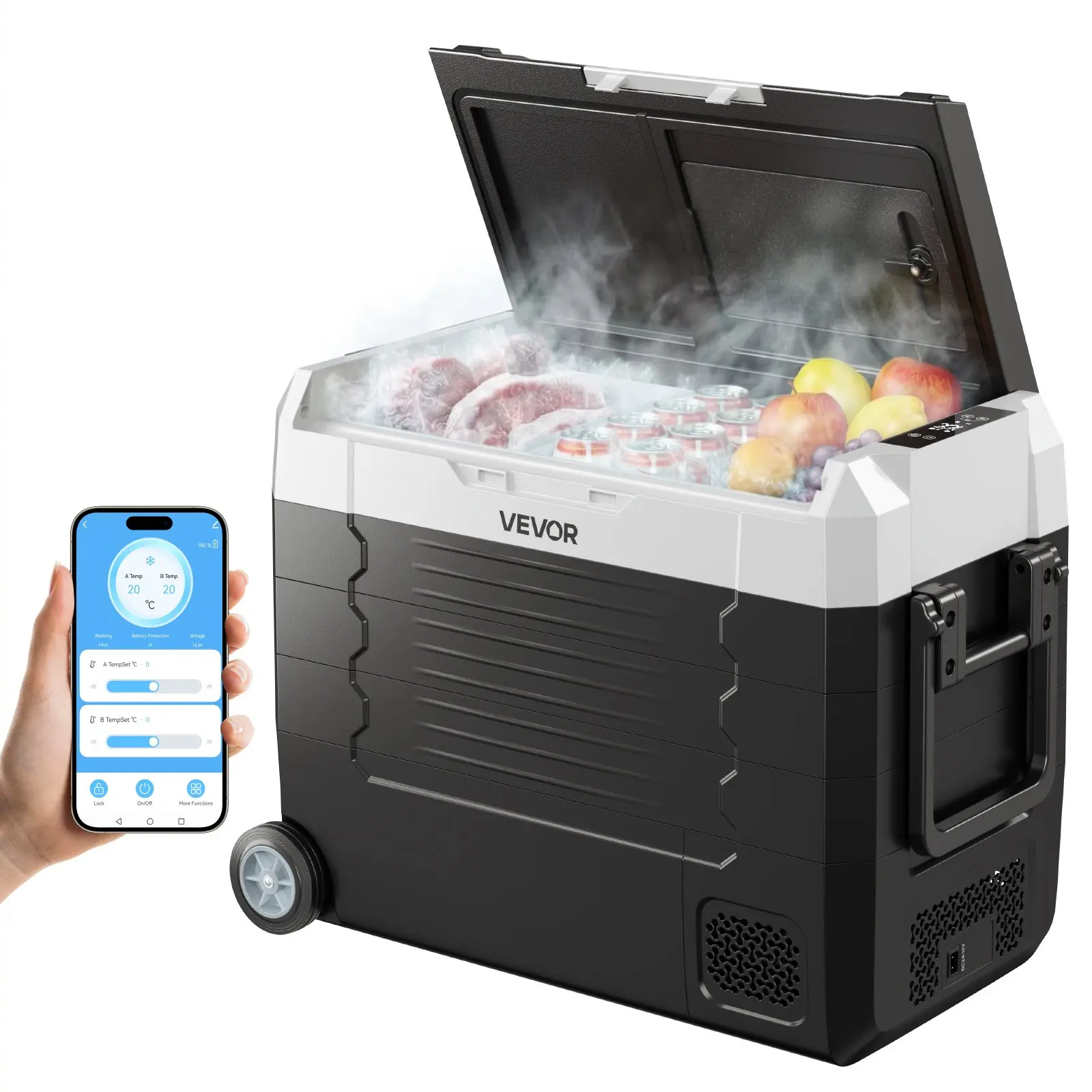 VEVOR Car Refrigerator, DC 12/24V AC100-240V Compressor Electric Cooler, -4F to 68F Truck Refrigerator with APP Control, Wheels Dual Zone, 48 QT Cars Cooler for RVs, Boats, Camping, Fishing