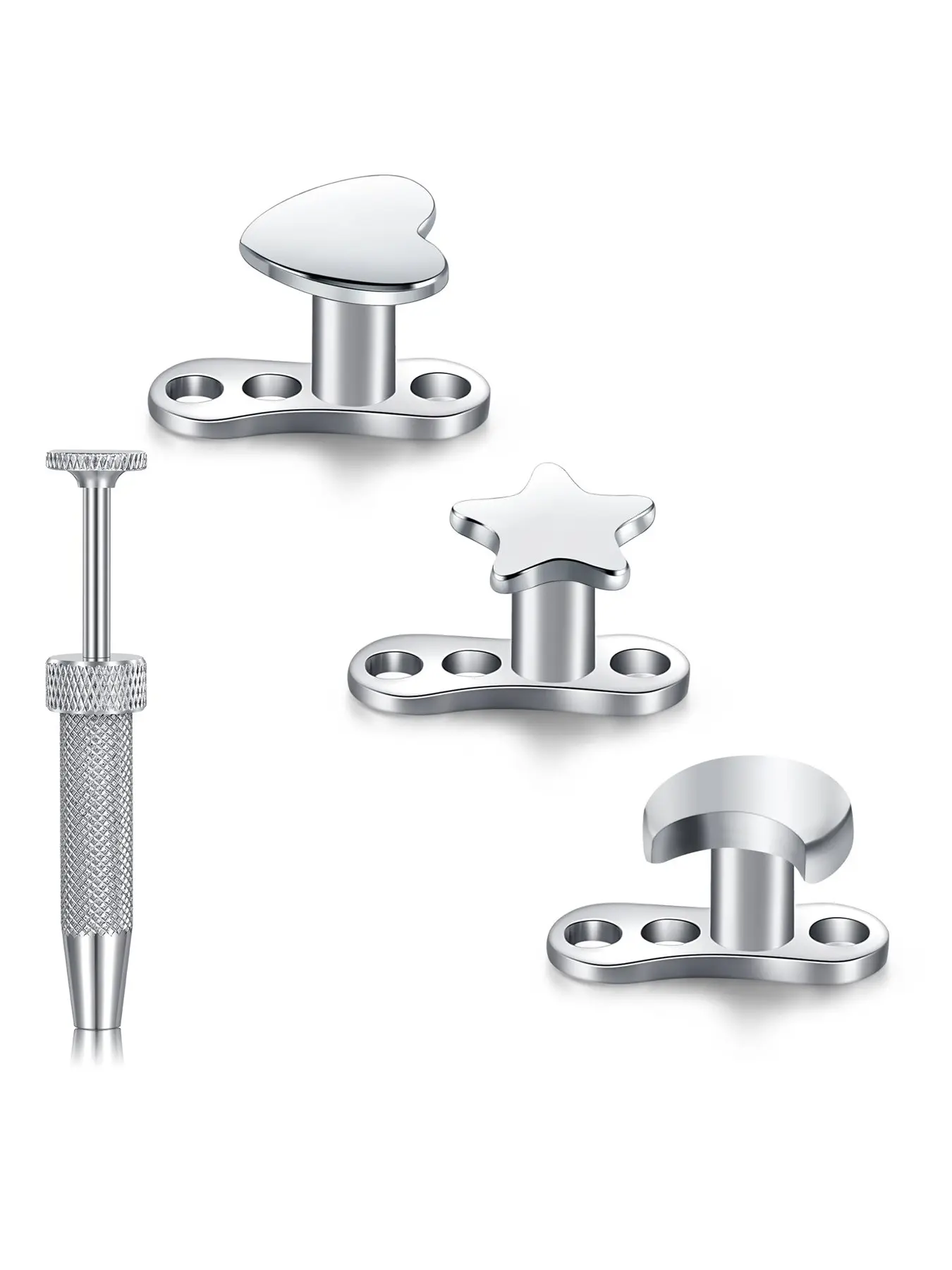 Dermal Anchor Piercing Set, Internally Threaded Microdermal Skin Diver Base & Tops, Heart Star Moon AAA+ Cubic Zirconia Prong Set Surface Piercing Body Jewelry for Women Men, Hypoallergenic Surgical Steel