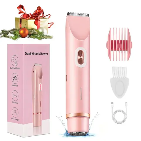 【Black Friday】2-in-1 Dual-Head Electric Bikini Trimmer and Shaver for Men and Women, IPX7 Waterproof USB-Rechargeable Hair Removal Device for Face, Legs, Underarms, and Bikini Area, Cordless Travel Body Groomer, Christmas Gift for Him and Her
